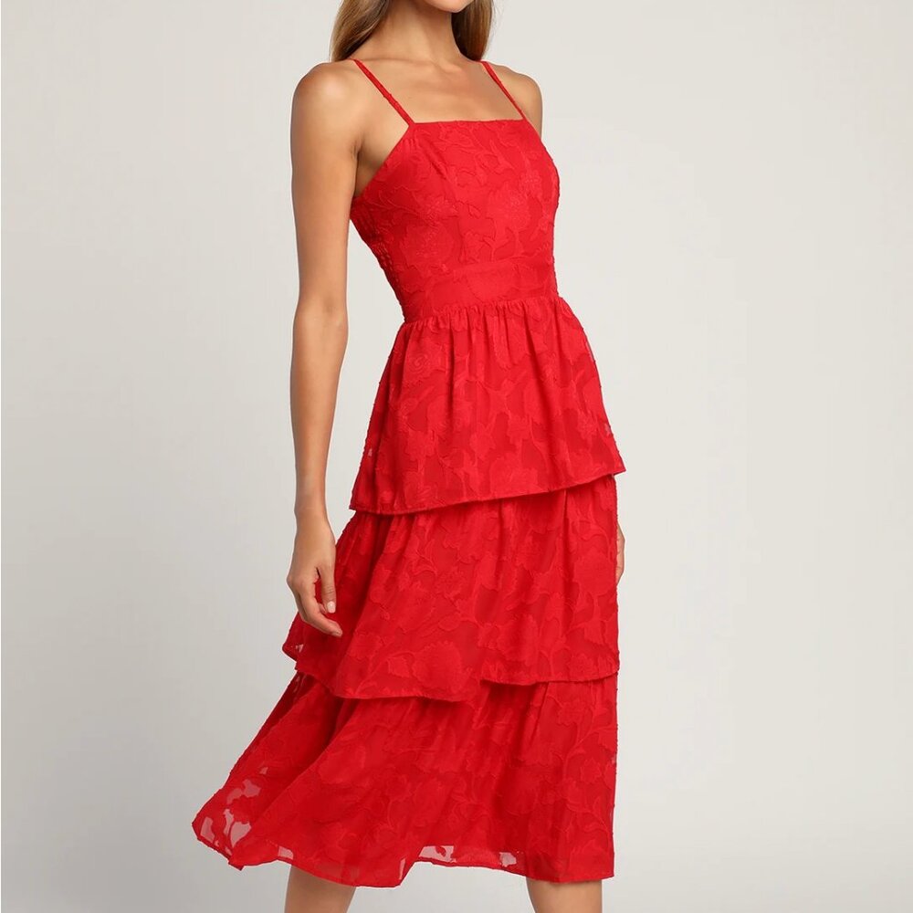 Grace and Beauty Red Burnout Floral Print Tiered Dress / Red / Size M